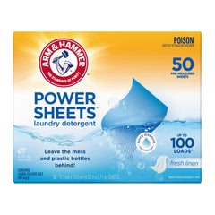 Box of Arm & Hammer Power Sheets laundry detergent with a yellow and blue design.