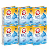 Six boxes of Arm & Hammer Power Sheets laundry detergent on a white background