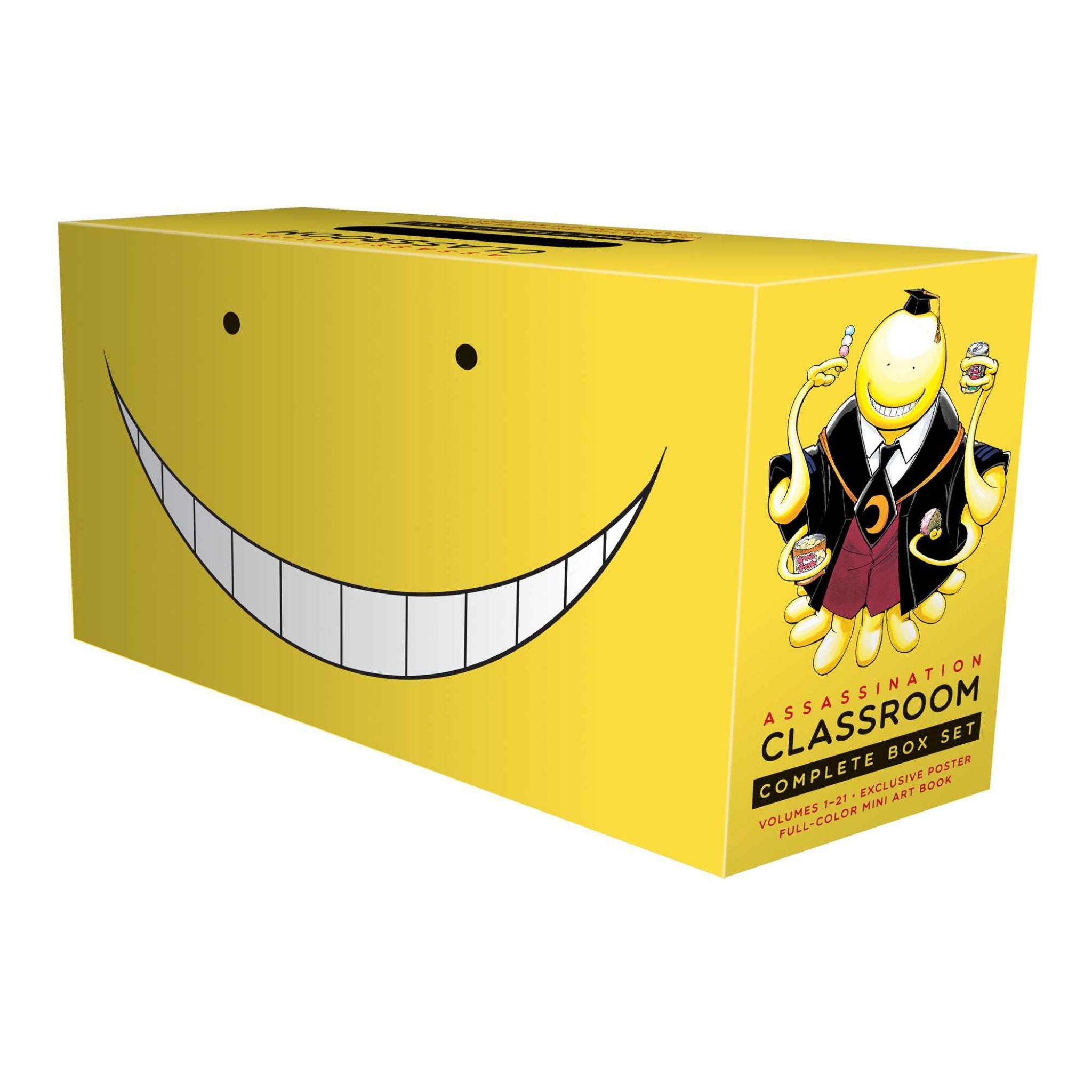 A yellow box for the 'Assassination Classroom' complete box set, featuring the character's large smiley face on the front and the character Yor forger on the side, set against a plain white background.