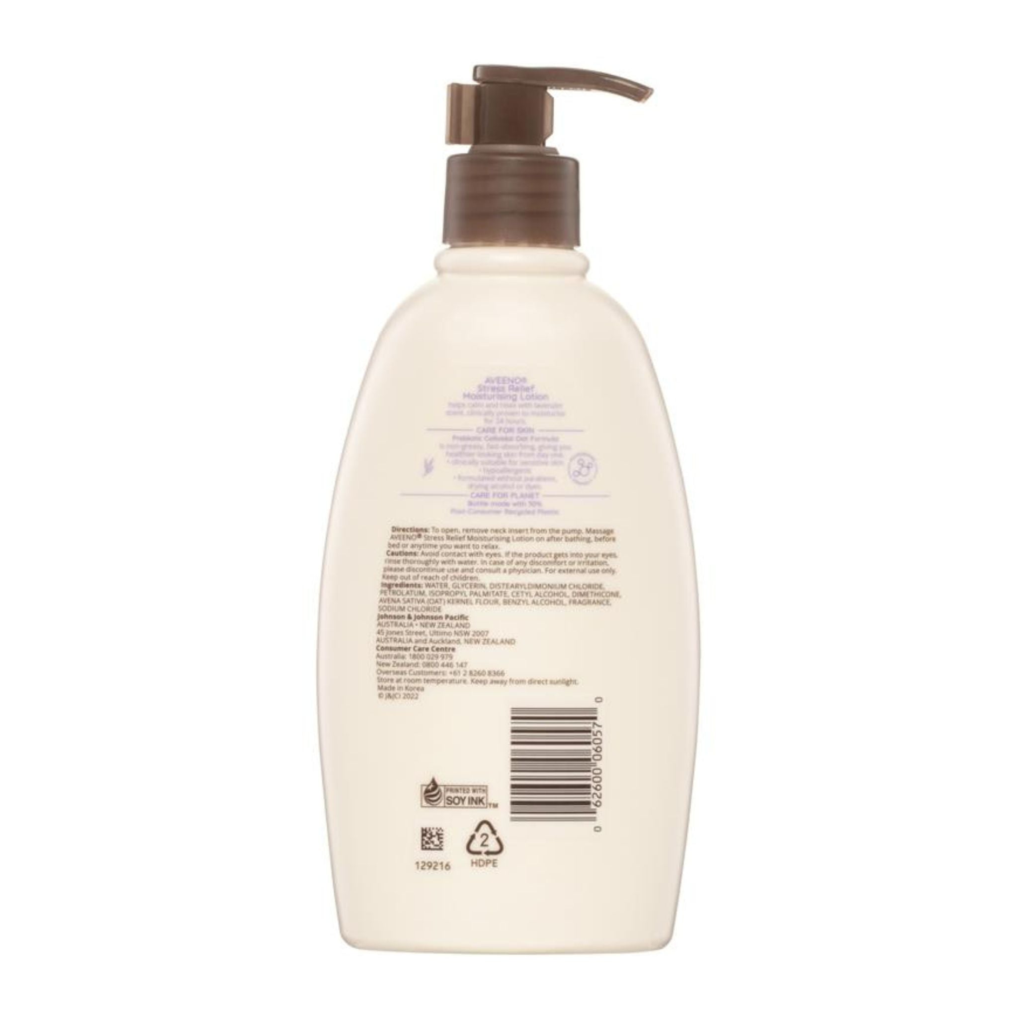 Back label showing ingredients and instructions for Aveeno Stress Relief Moisturising Lotion