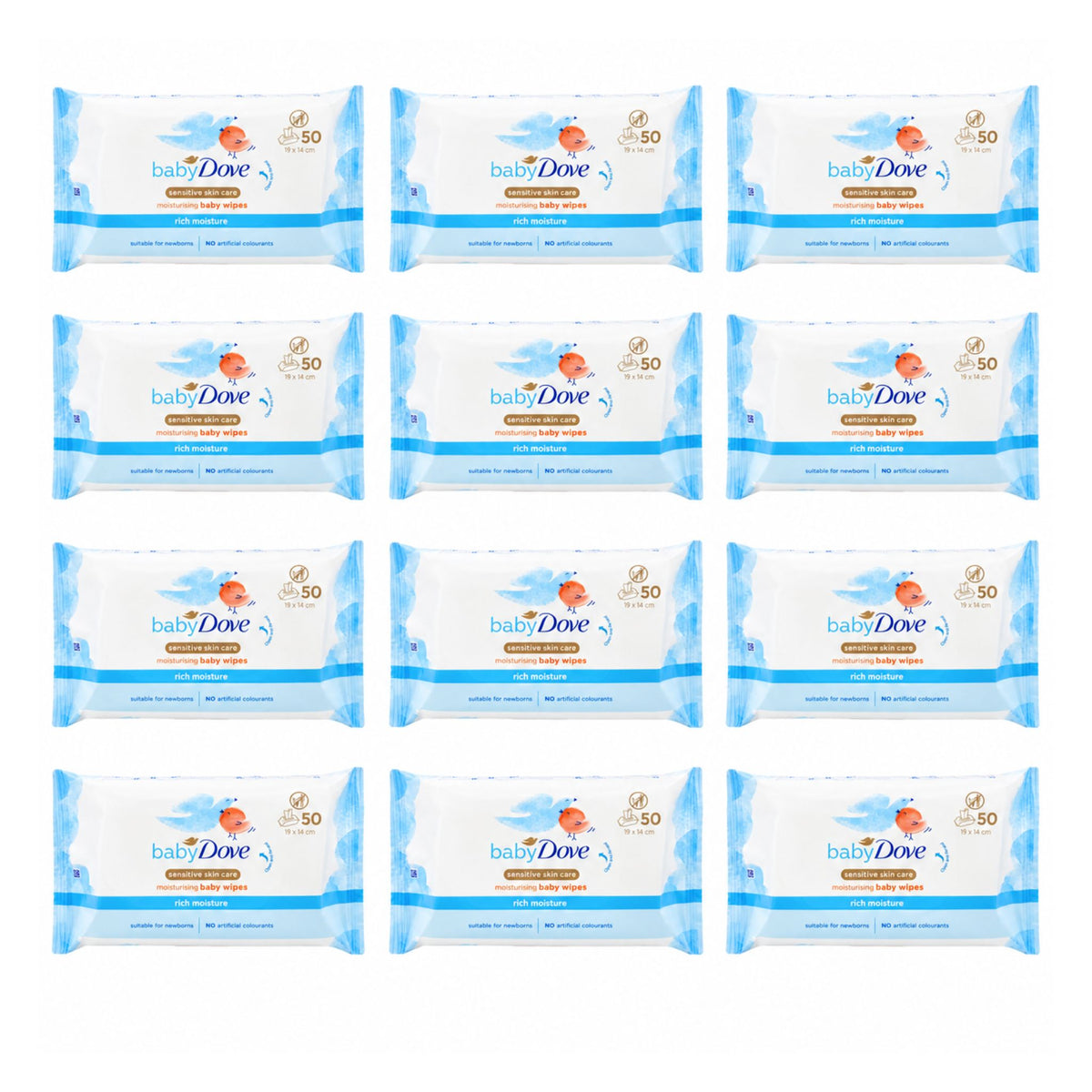 Twelve packs of baby wipes arranged in a 3x4 grid on a plain white background. Each pack is white with light blue borders and graphics, and the brand name 'baby Dove' is visible.