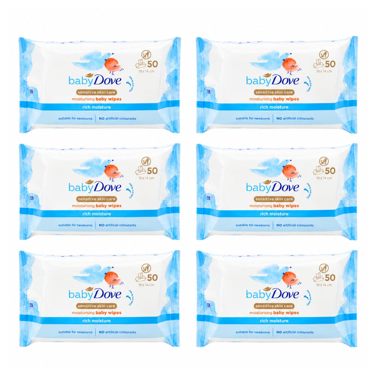 Six packs of babyDove Moisture Care Rich Moisture baby wipes arranged in a 2x3 grid on a plain white background.