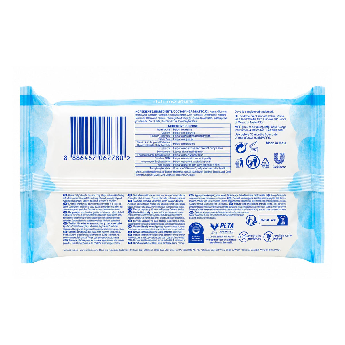 The back of a blue and white package of baby wipes, showing the ingredients list, barcode, and various certification logos, isolated on a white background.
