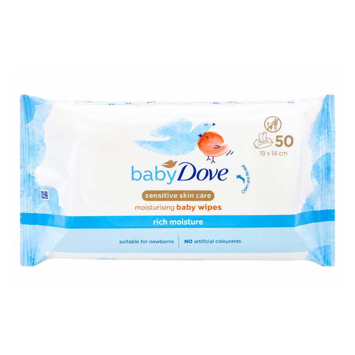 A pack of Baby Dove sensitive skin care moisturising baby wipes, featuring a white package with blue watercolor accents, a blue bird illustration, and a brown bird logo, on a plain white background.
