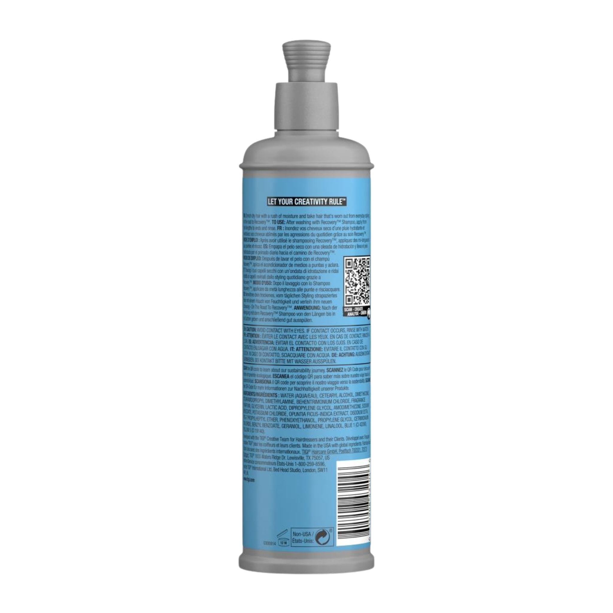 Back view of a cylindrical container with a blue label and gray cap on a white background