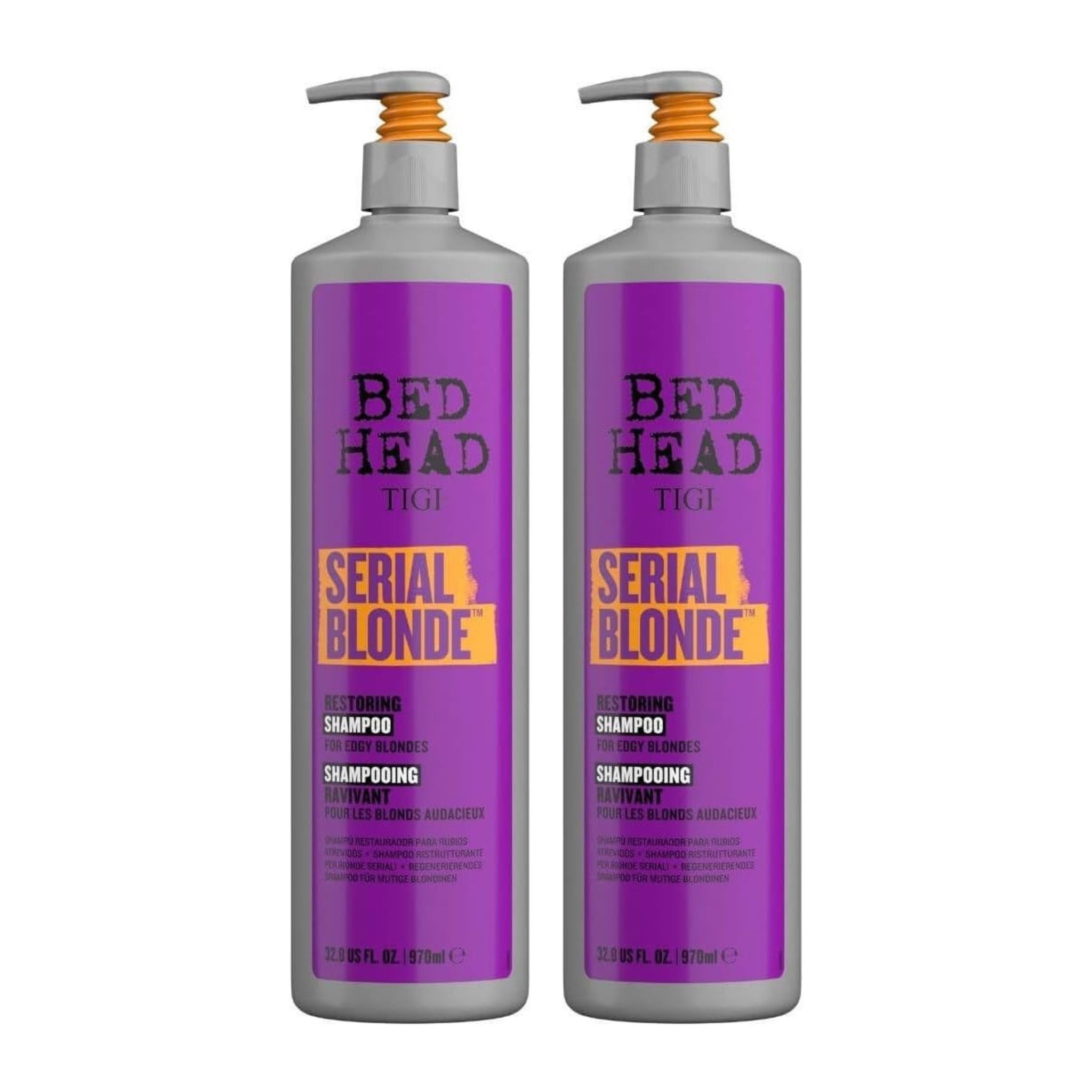 Two bottles of Bed Head TIGI Serial Blonde shampoo, front view, 25.36 fl oz each
