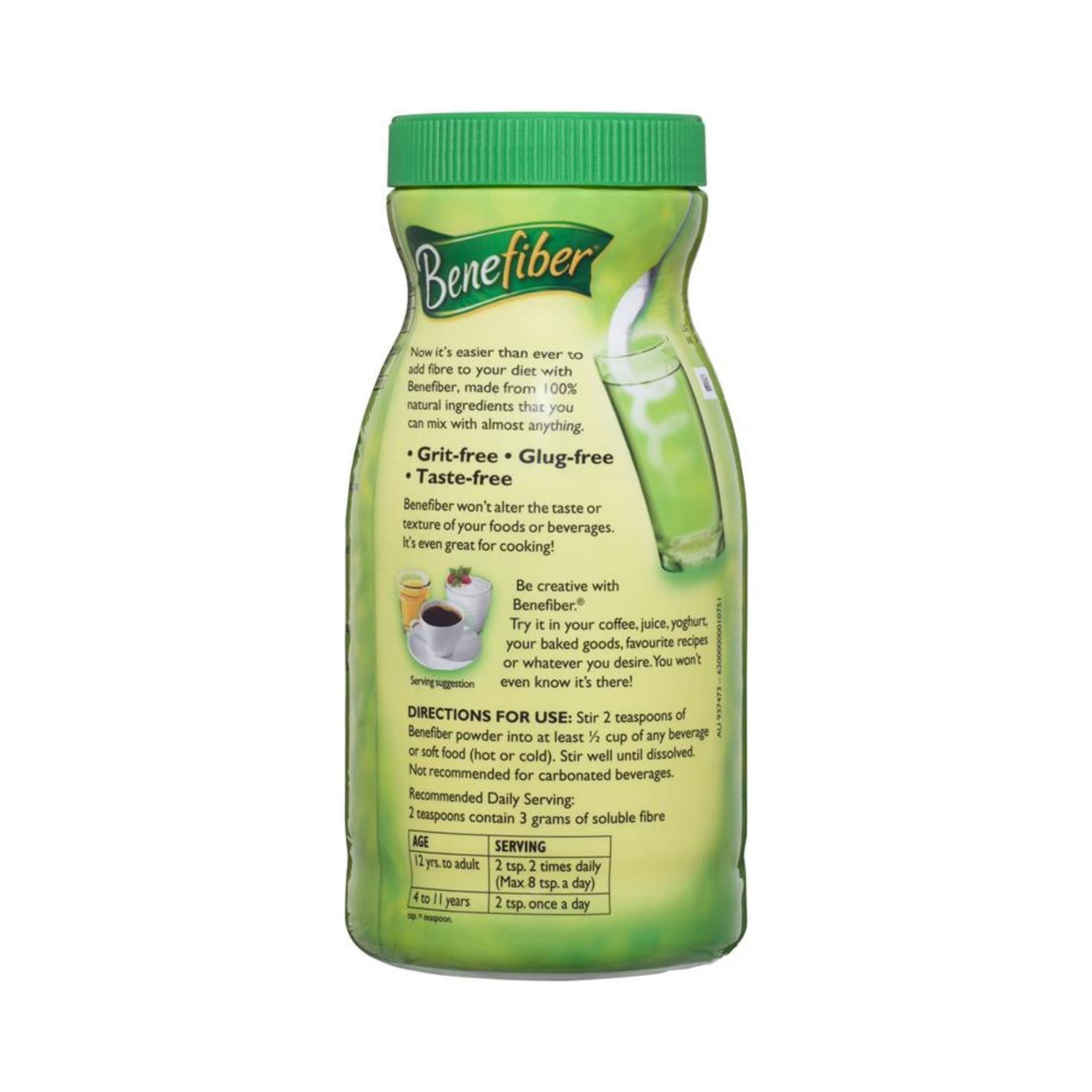 Benefiber Natural Fibre Supplement 730g back view with nutrition information and instructions