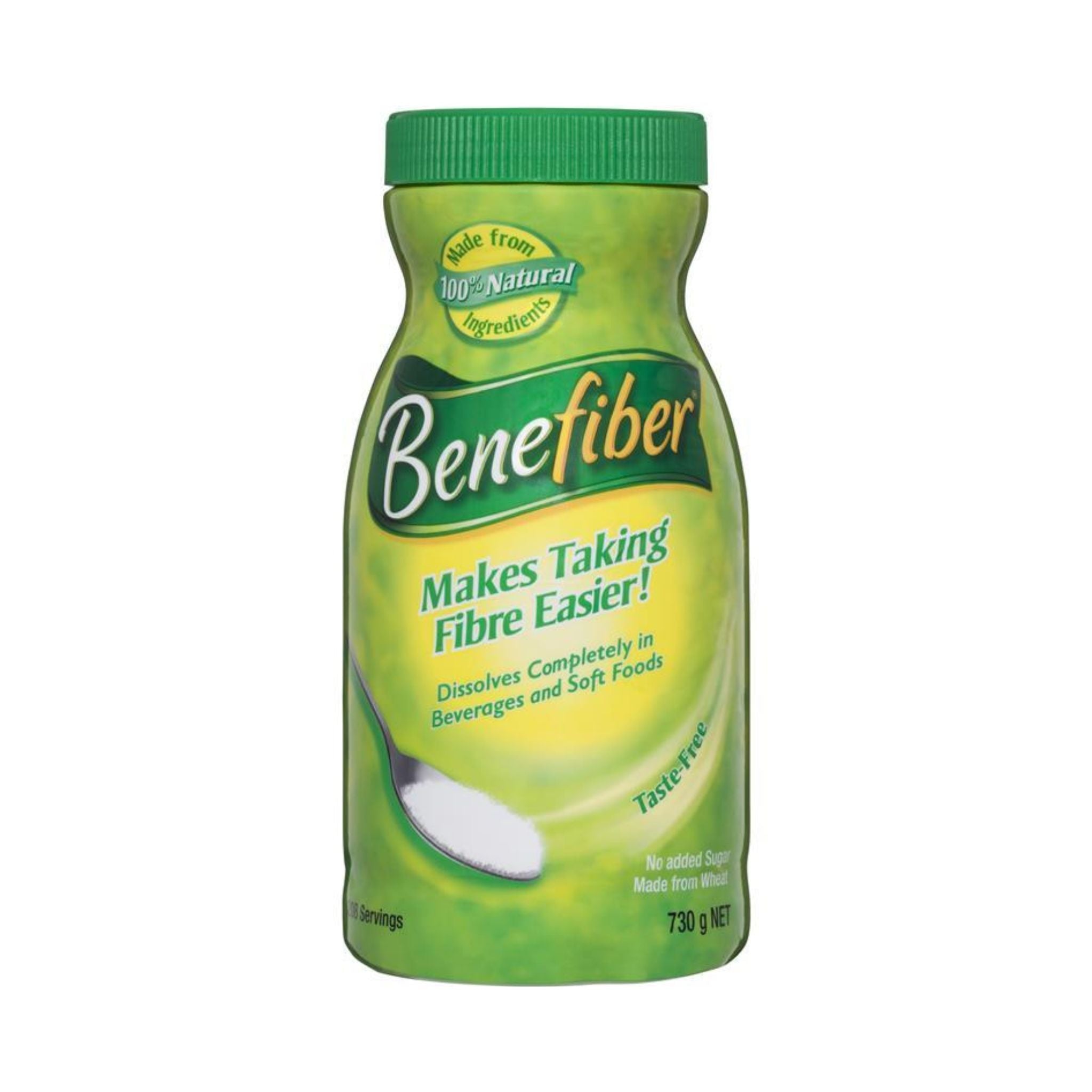 A bottle of Benefiber Natural Fibre Supplement with the label showing product information and branding.