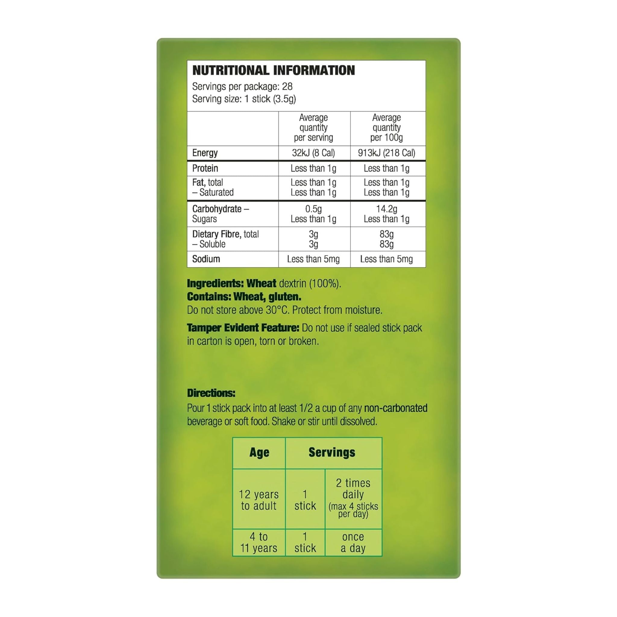 Nutritional information label on a green background
