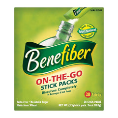 Box of Benefiber On-The-Go Stick Packs with green background