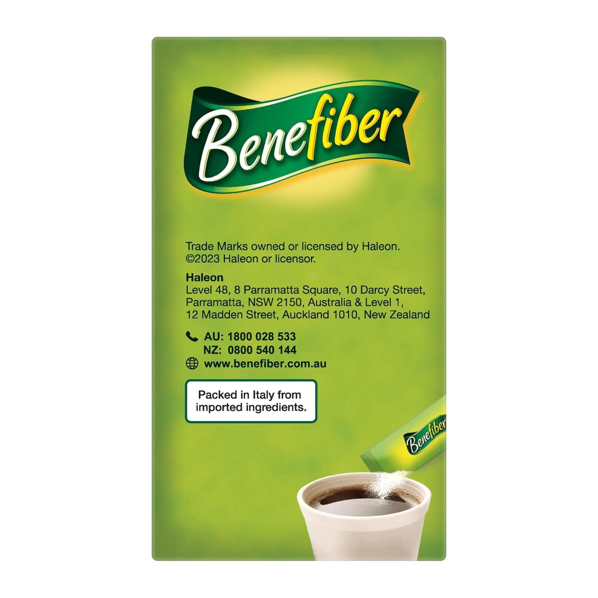 Benefiber product packaging with a green background and cup of coffee.