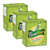 Three boxes of Benefiber On-The-Go Stick Packs on a white background
