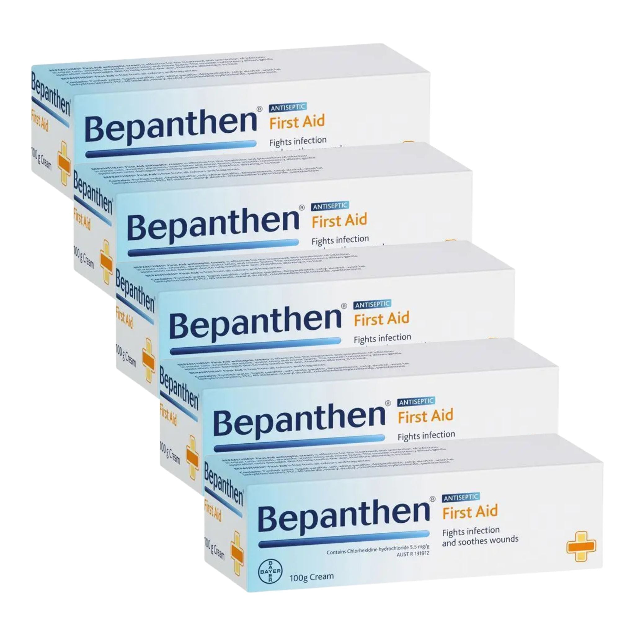 Bepanthen First Aid Antiseptic Cream 100g pack of 5 boxes displayed in a staggered layout.
