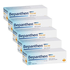 Bepanthen First Aid Antiseptic Cream 100g pack of 5 boxes displayed in a staggered layout.