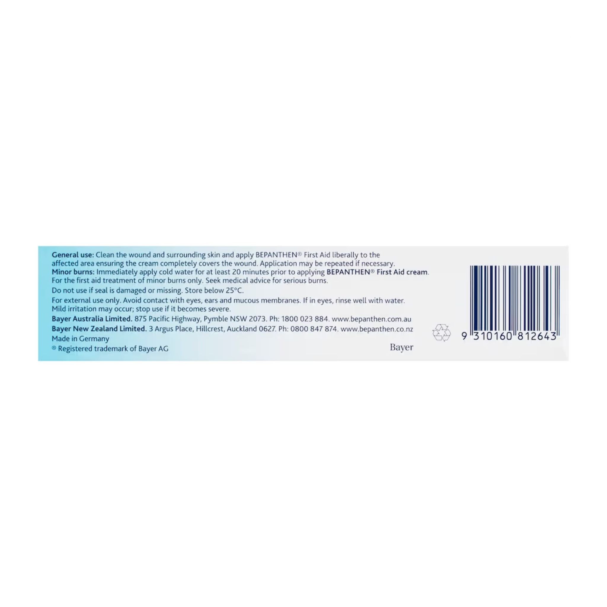 Barcode side of Bepanthen First Aid Cream 100g packaging