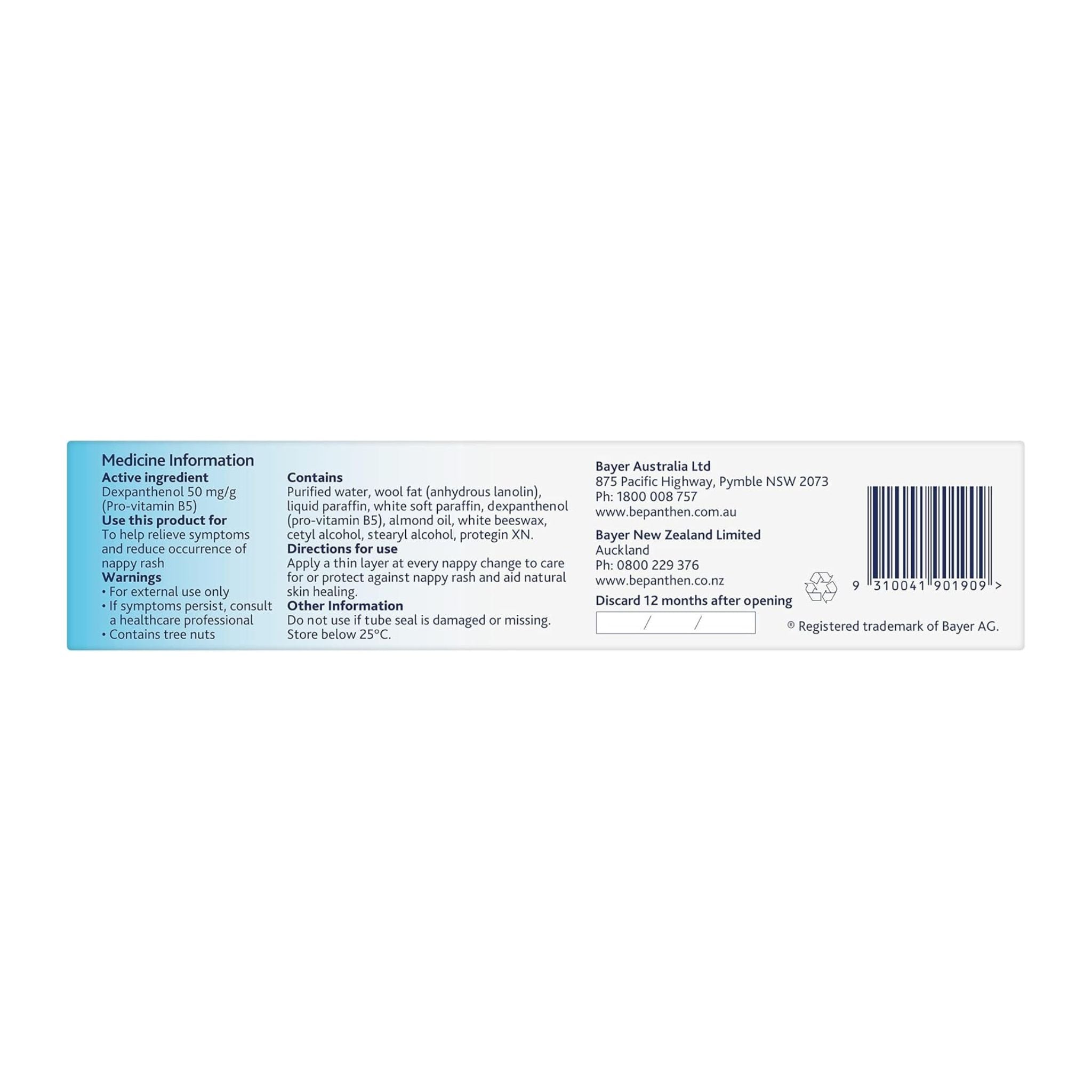 Side view of Bepanthen Nappy Rash Ointment 100g tube