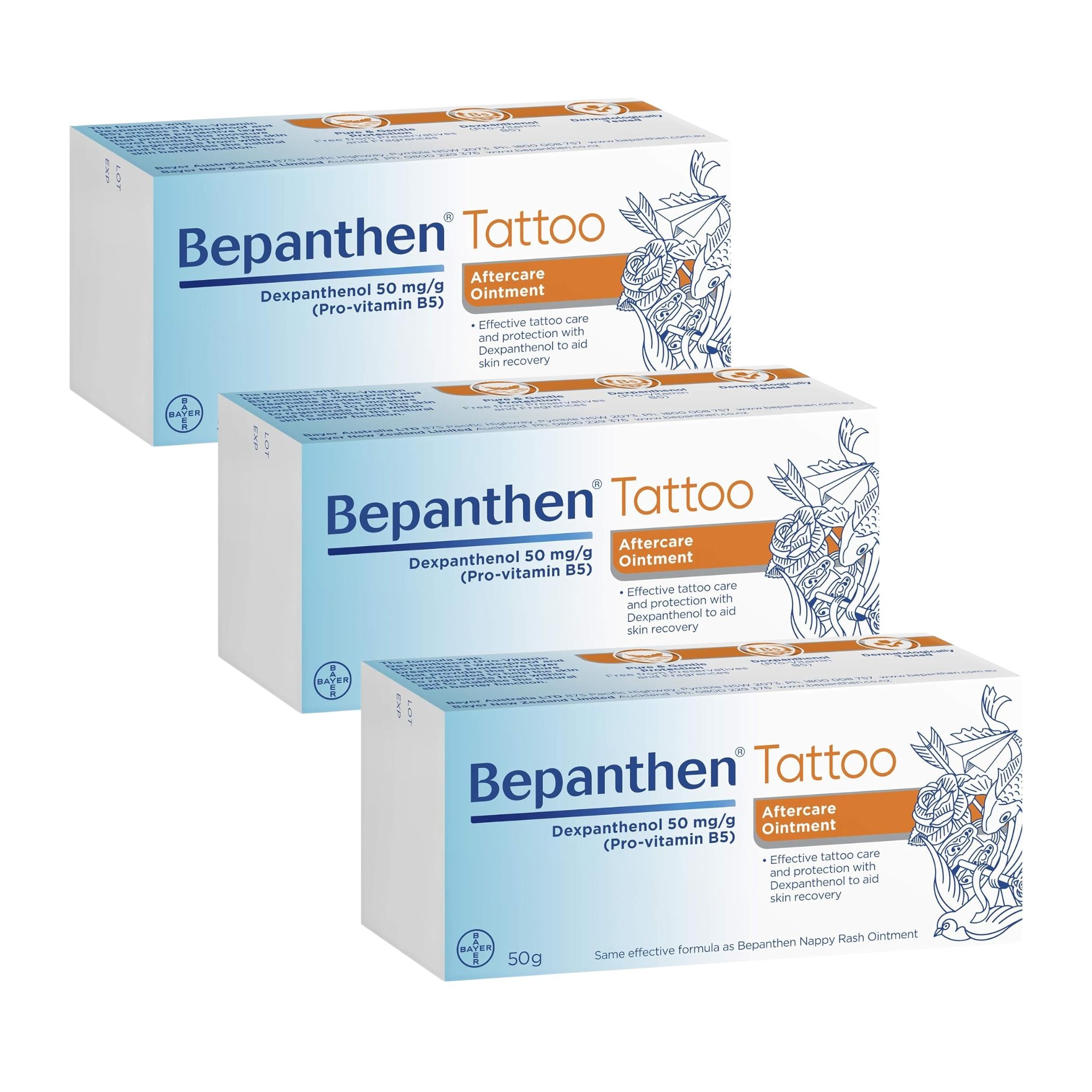 Three boxes of Bepanthen Tattoo Aftercare Ointment on a white background