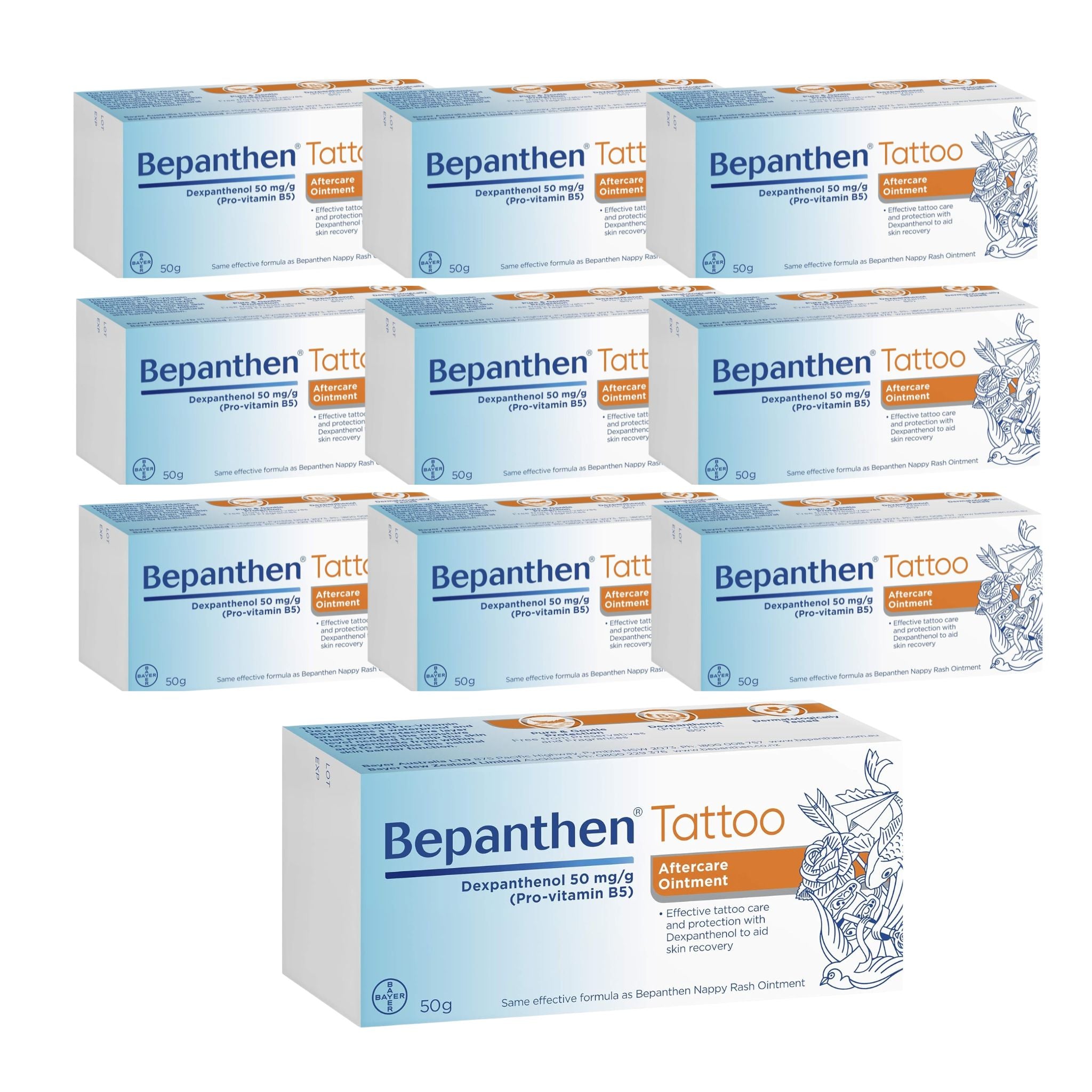 Bepanthen Tattoo Aftercare and Protection Ointment 50 g Pack of 10 – front packaging display.