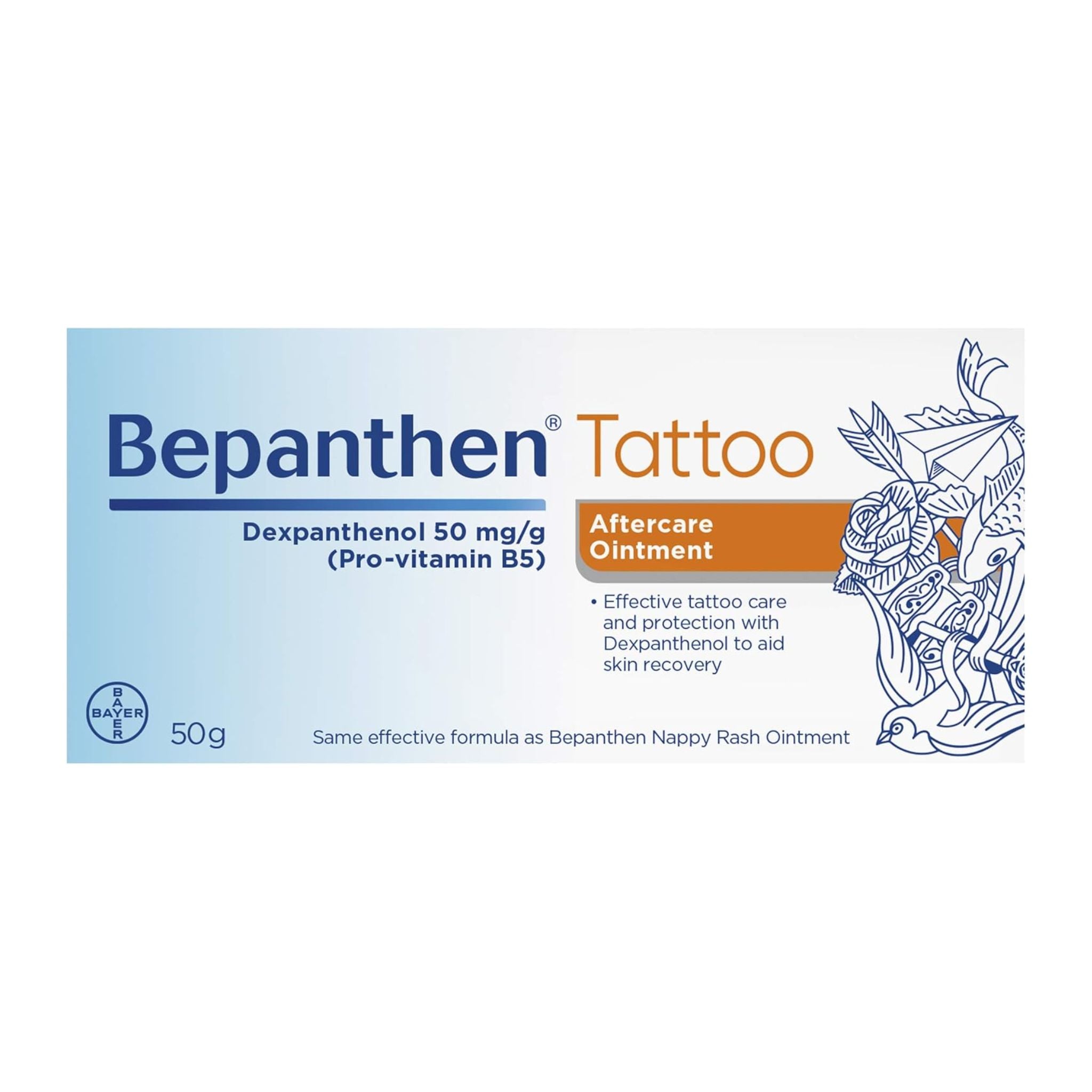 Side angle of Bepanthen Tattoo Aftercare and Protection Ointment 50 g packaging design.