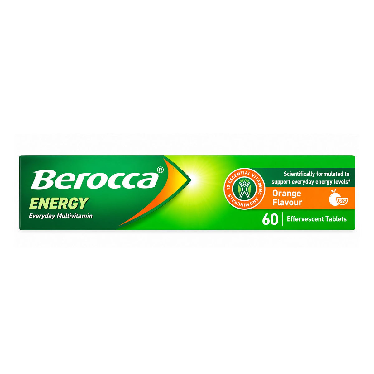 A box of Berocca Energy Everyday Multivitamin in Orange Flavour, containing 60 effervescent tablets. The packaging features a vibrant green and orange design with the brand name 'Berocca' in white.