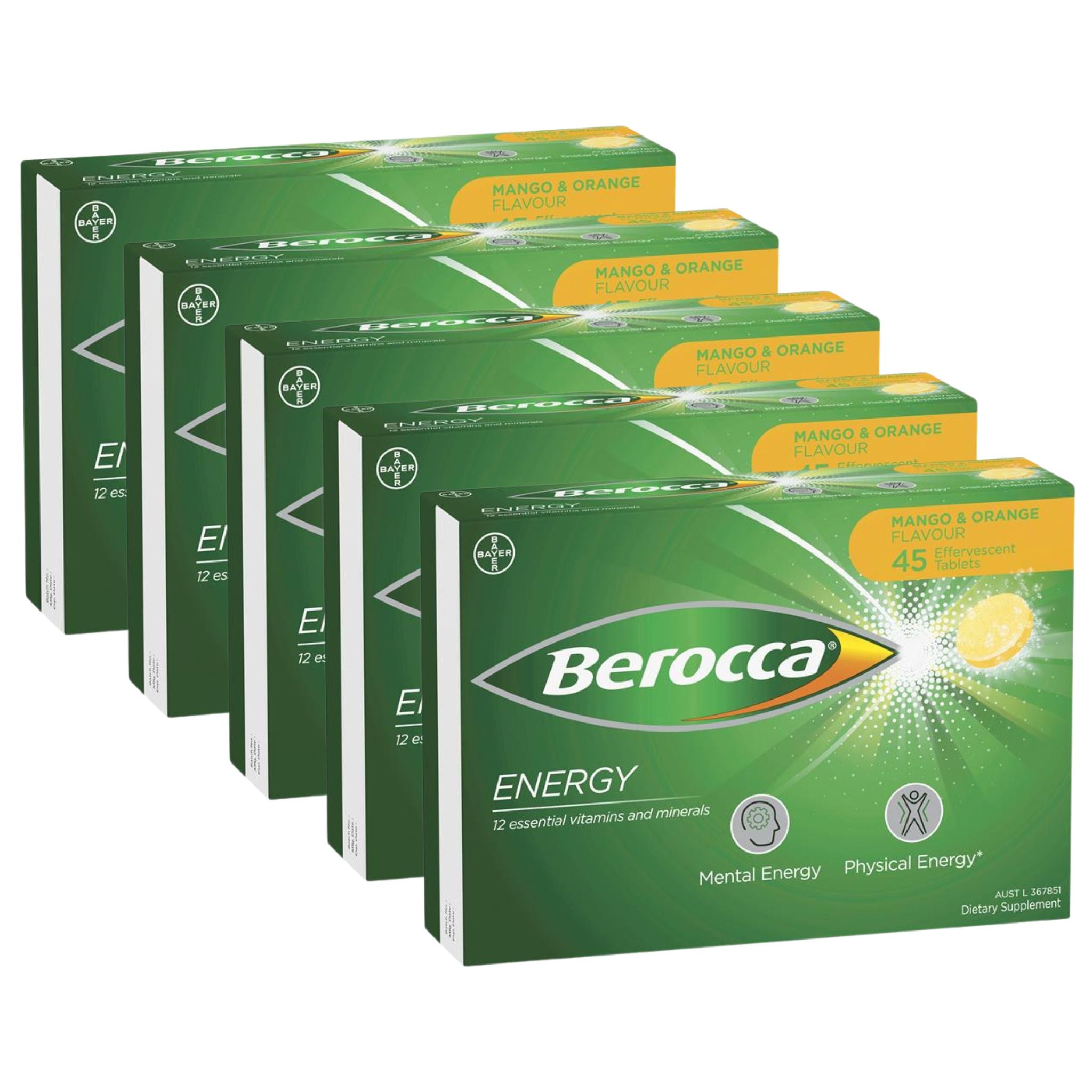 Berocca Energy Mango & Orange Effervescent Tablets 45 Tablets Pack of 5 Packaging