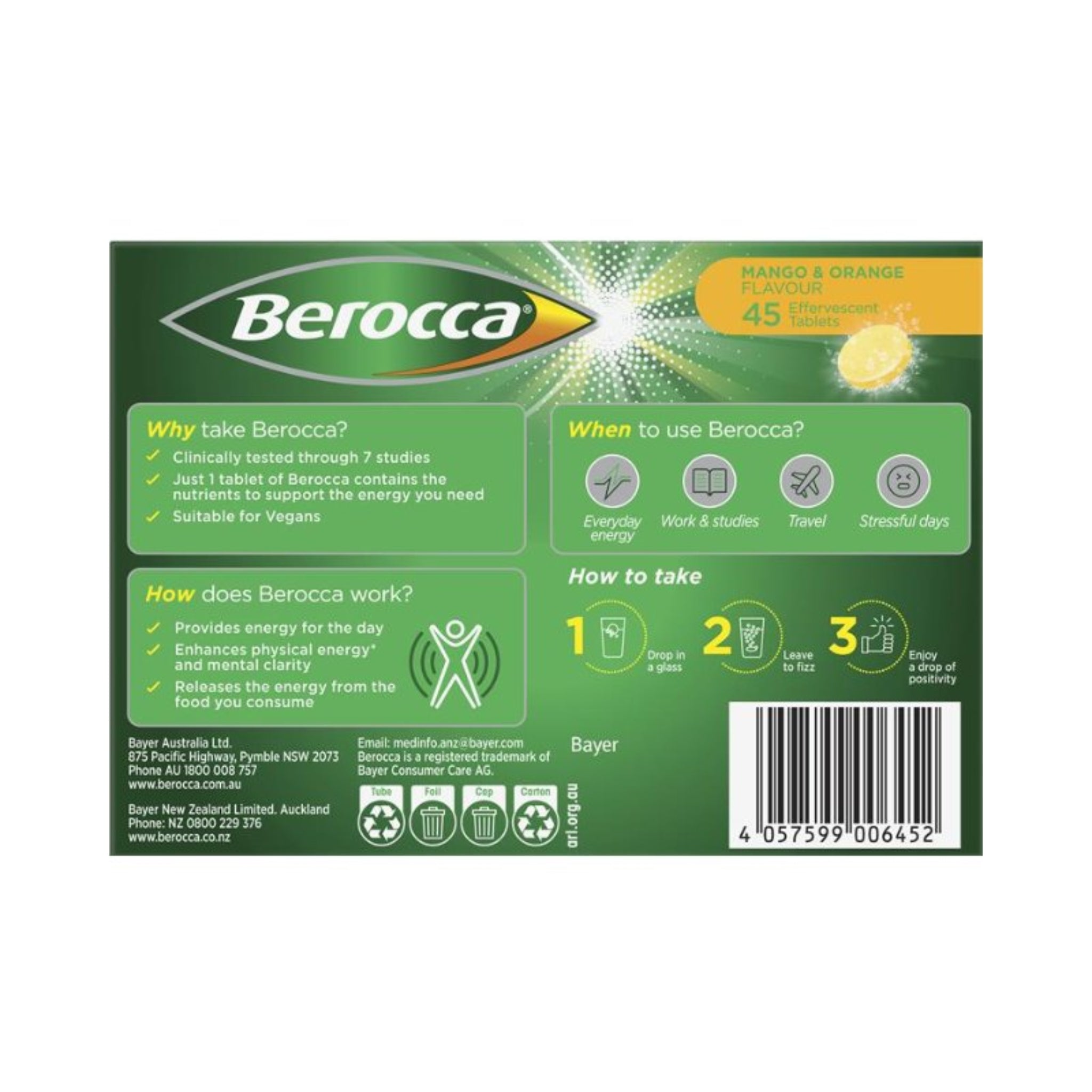 Berocca Energy Mango & Orange Effervescent Tablets 45 Tablets Pack of 5 Side View
