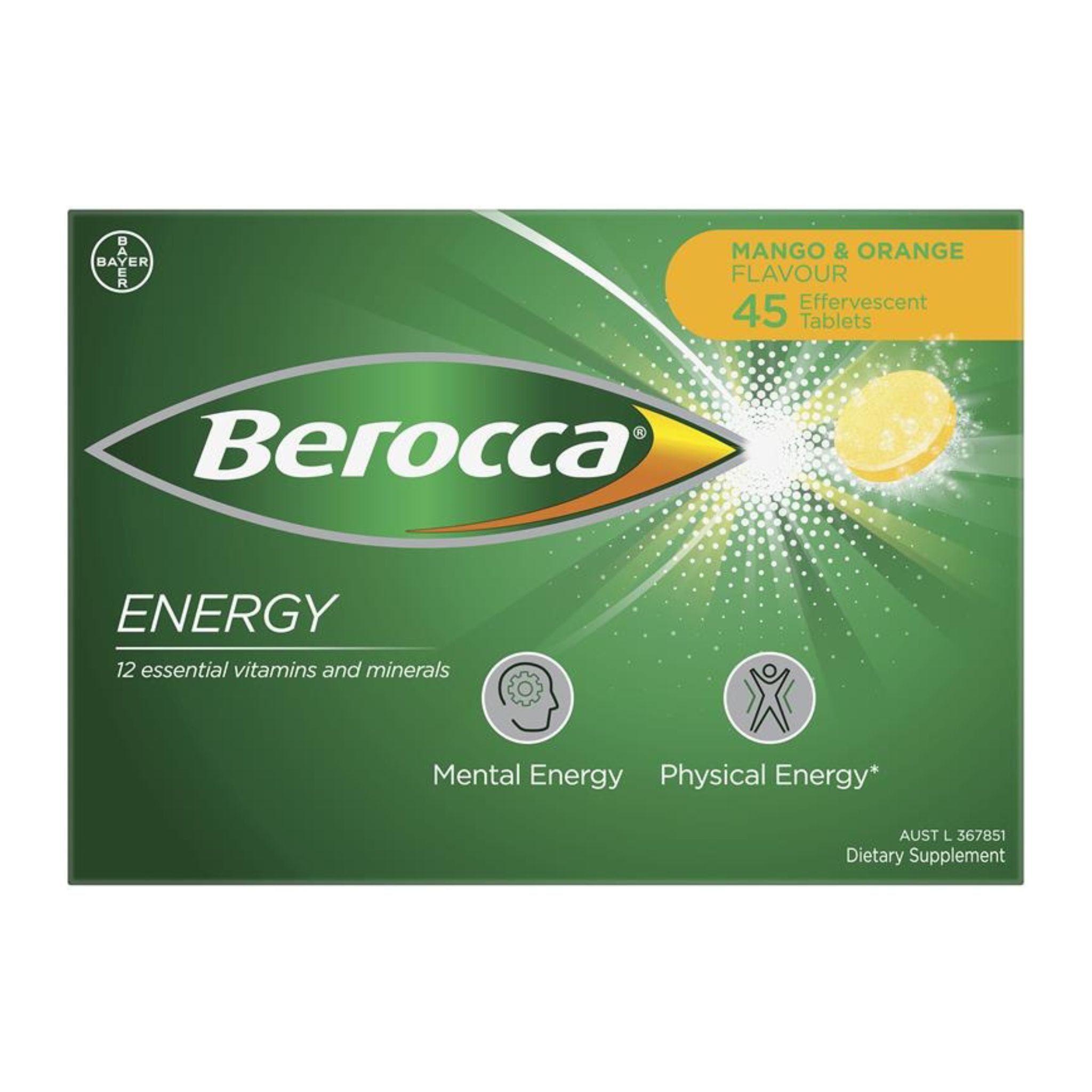 Front view of Berocca Energy Mango & Orange Effervescent Tablets 45 Pack