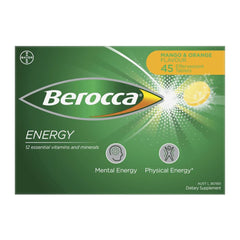 Front view of Berocca Energy Mango & Orange Effervescent Tablets 45 Pack