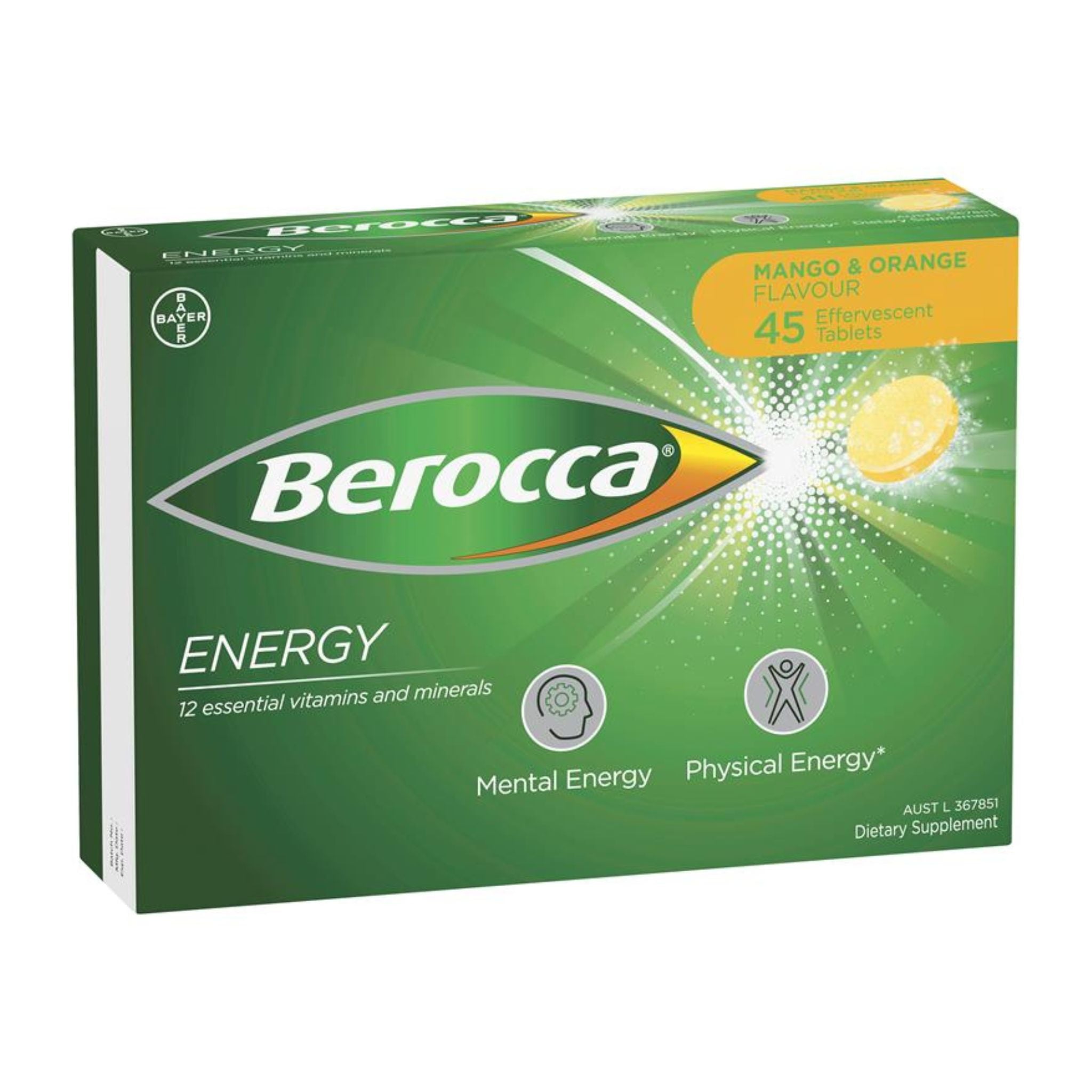 Packaging of Berocca Energy Mango & Orange Effervescent Tablets 45 Pack
