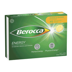 Packaging of Berocca Energy Mango & Orange Effervescent Tablets 45 Pack
