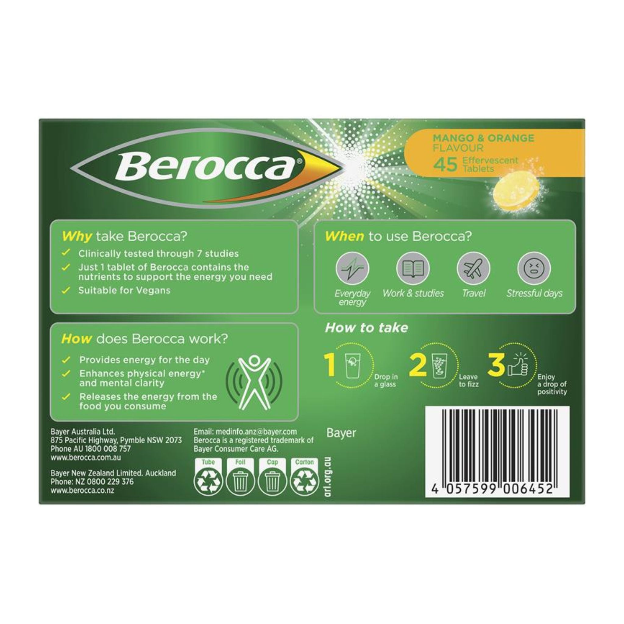 Supplement facts of Berocca Energy Mango & Orange Effervescent Tablets 45 Pack