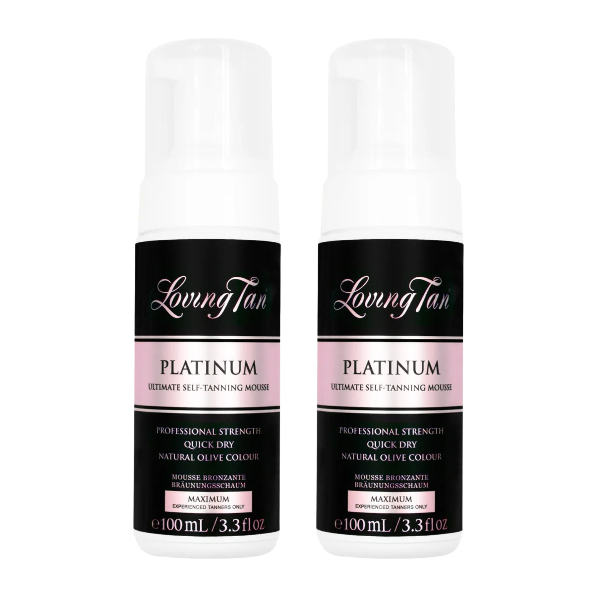 Two bottles of Loving Tan Platinum Ultimate Self-Tanning Mousse on a white background