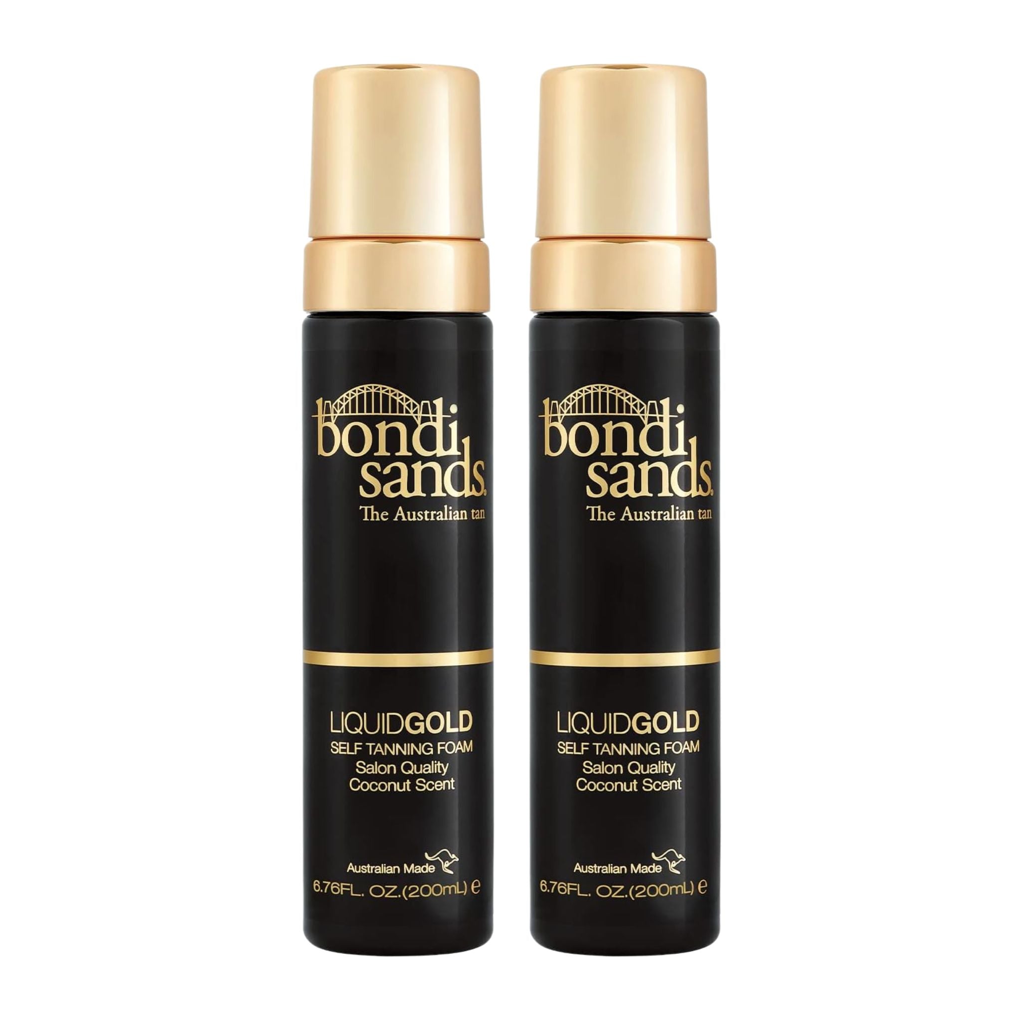 Two bottles of Bondi Sands LiquidGold self-tanning foam on a white background