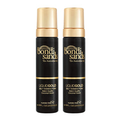 Two bottles of Bondi Sands LiquidGold self-tanning foam on a white background