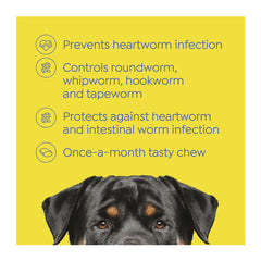 Dog product packaging with text about preventing heartworm infection and controlling worms, featuring a Rottweiler on a yellow background.