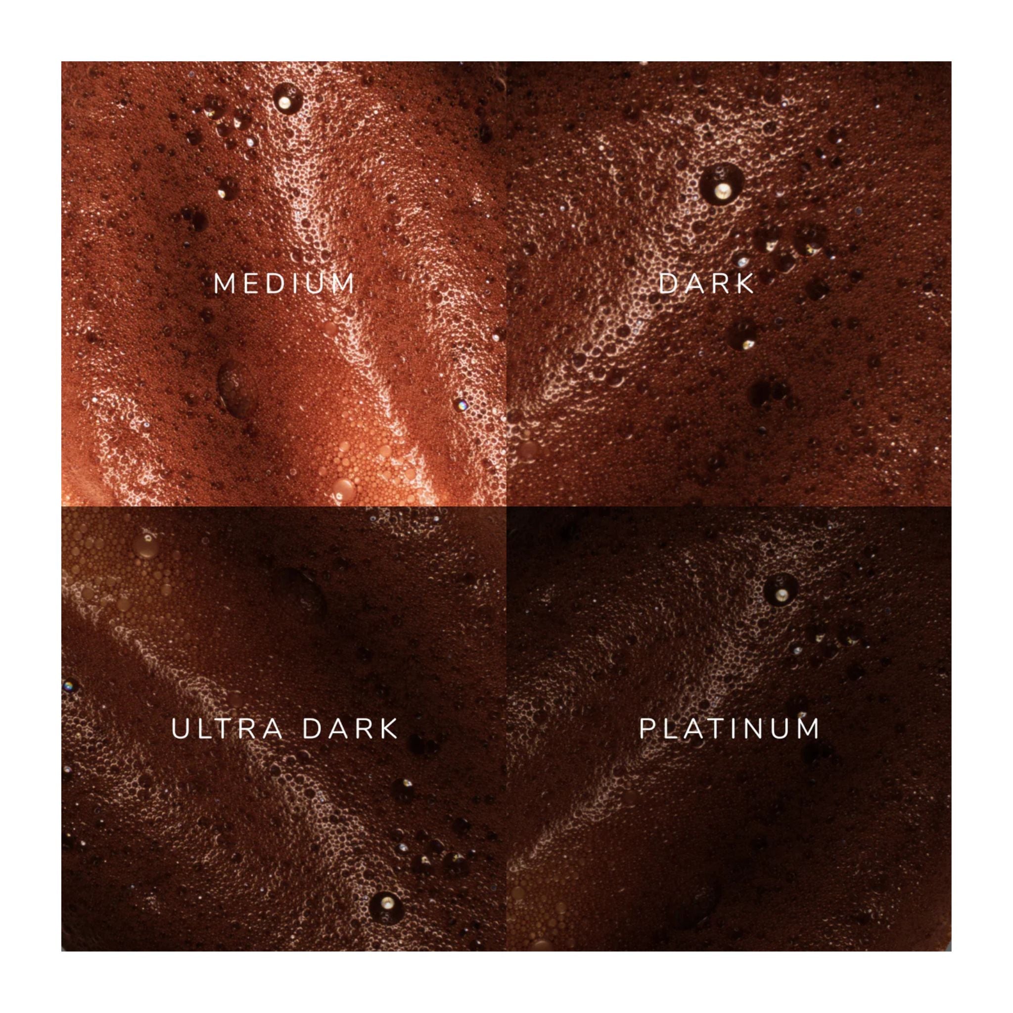 Four different shades of brown labeled 'Medium', 'Dark', 'Ultra Dark', and 'Platinum' on a textured brown background.