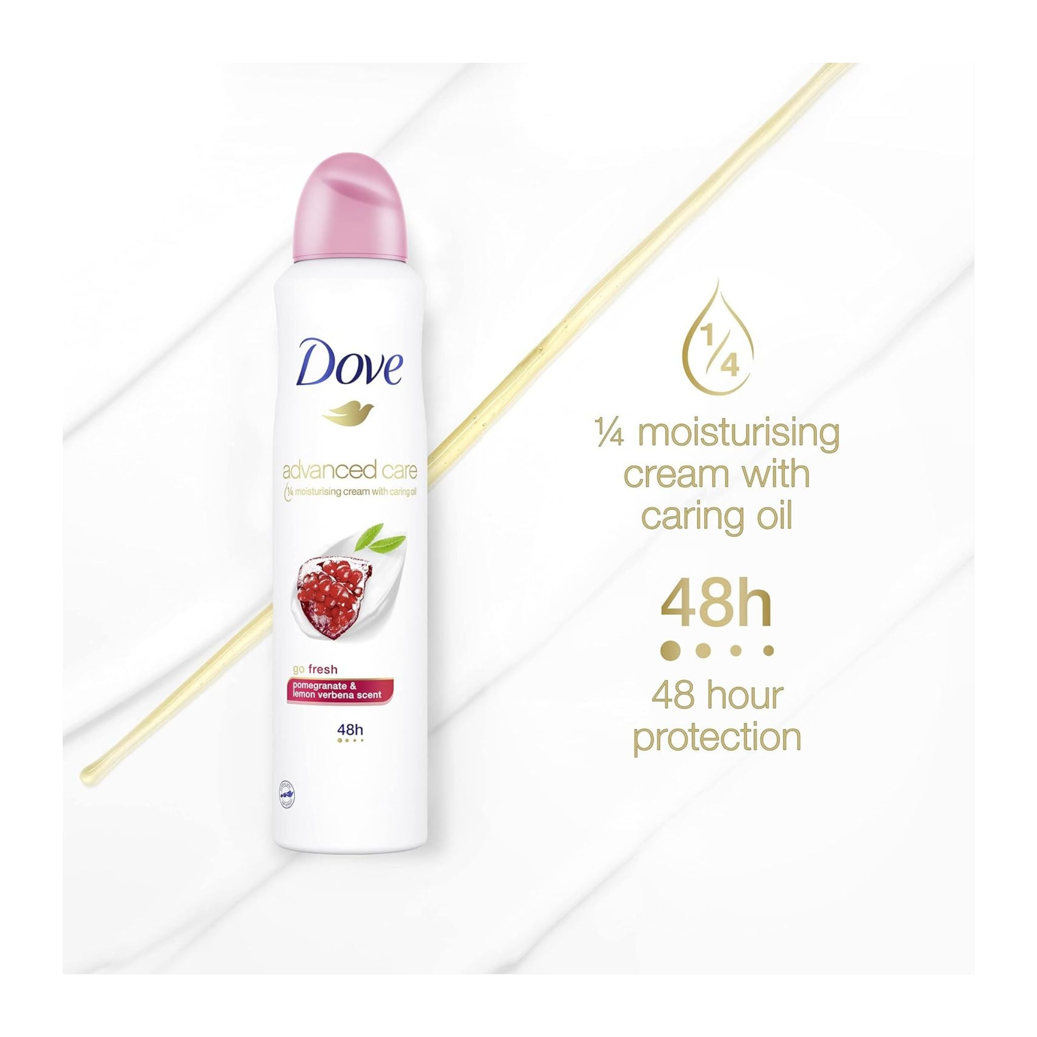 Dove deodorant spray bottle with pomegranate graphics on a white background