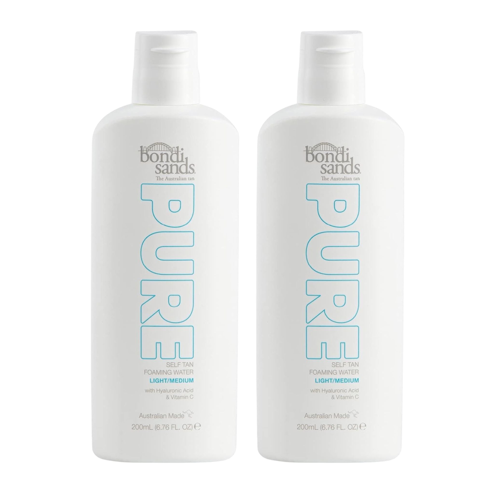 Two bottles of bondi sands Pure self-tan lotion on a white background