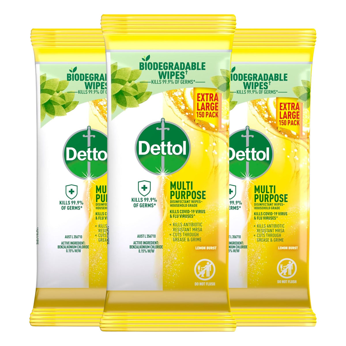 Dettol Lemon Burst Multipurpose Disinfectant Wipes 150 - Pack of 3