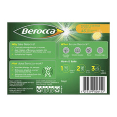 Supplement facts of Berocca Energy Mango & Orange Effervescent Tablets 45 Pack
