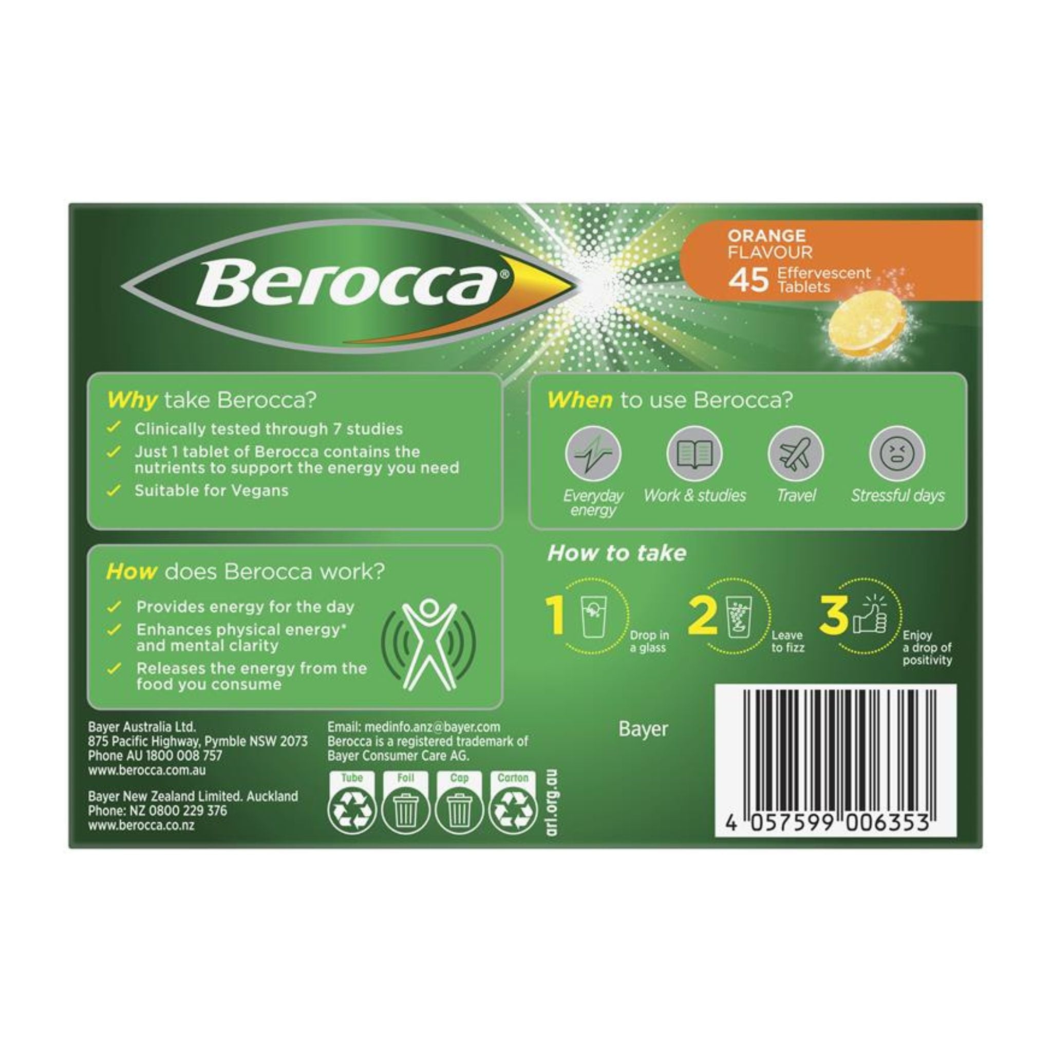 Berocca Energy Orange Flavour Effervescent Tablets 45 Pack - back Image