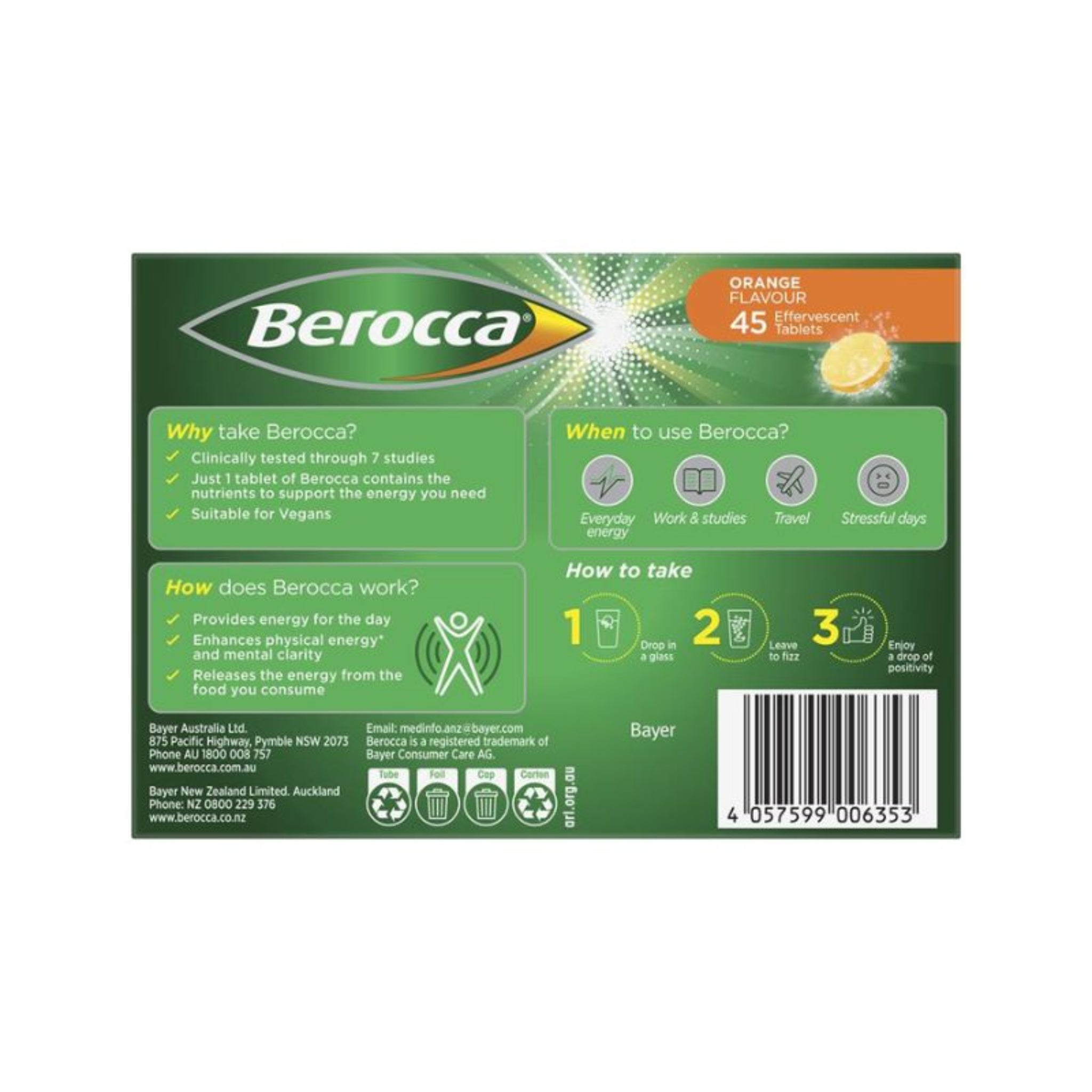 Berocca Energy Orange Effervescent Tablets 45 Tablets Pack of 5 Side View