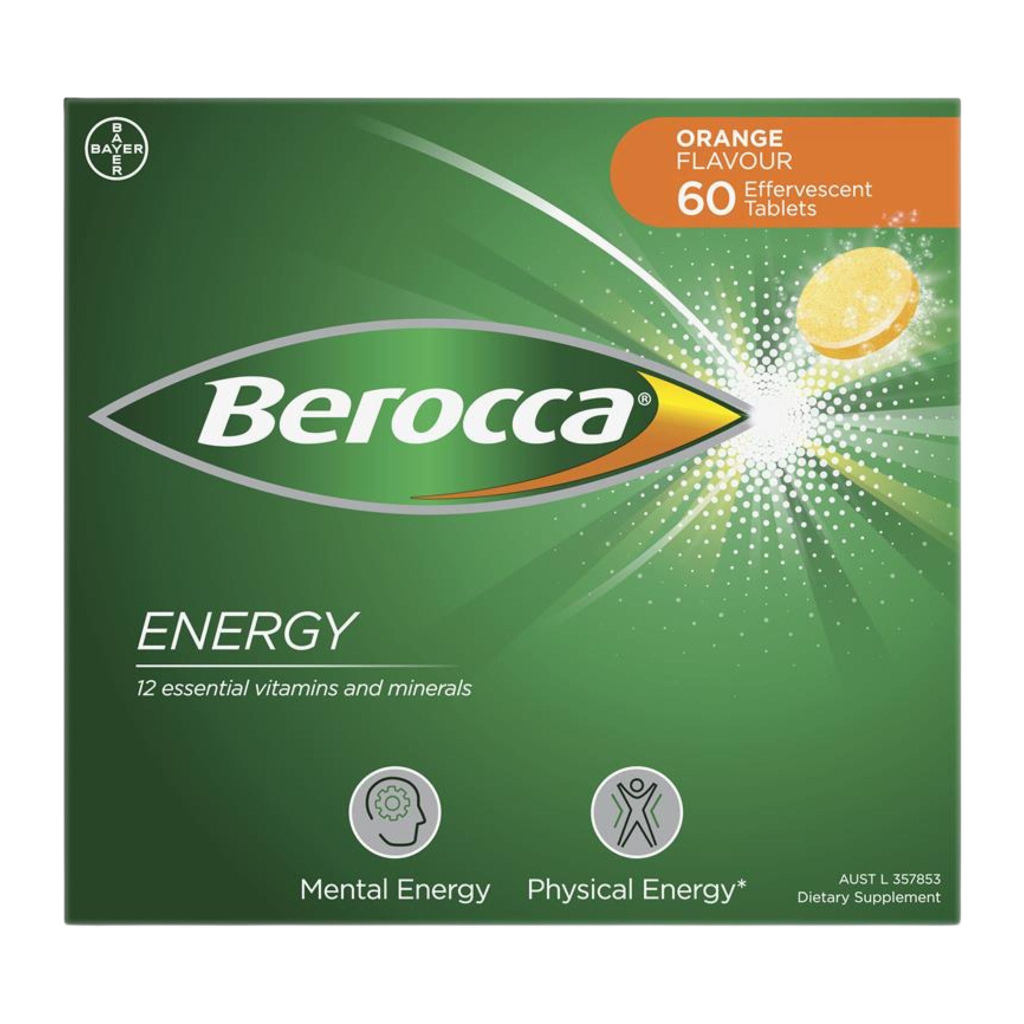 Berocca Energy Orange Flavour Effervescent Tablets 60 Pack Front View