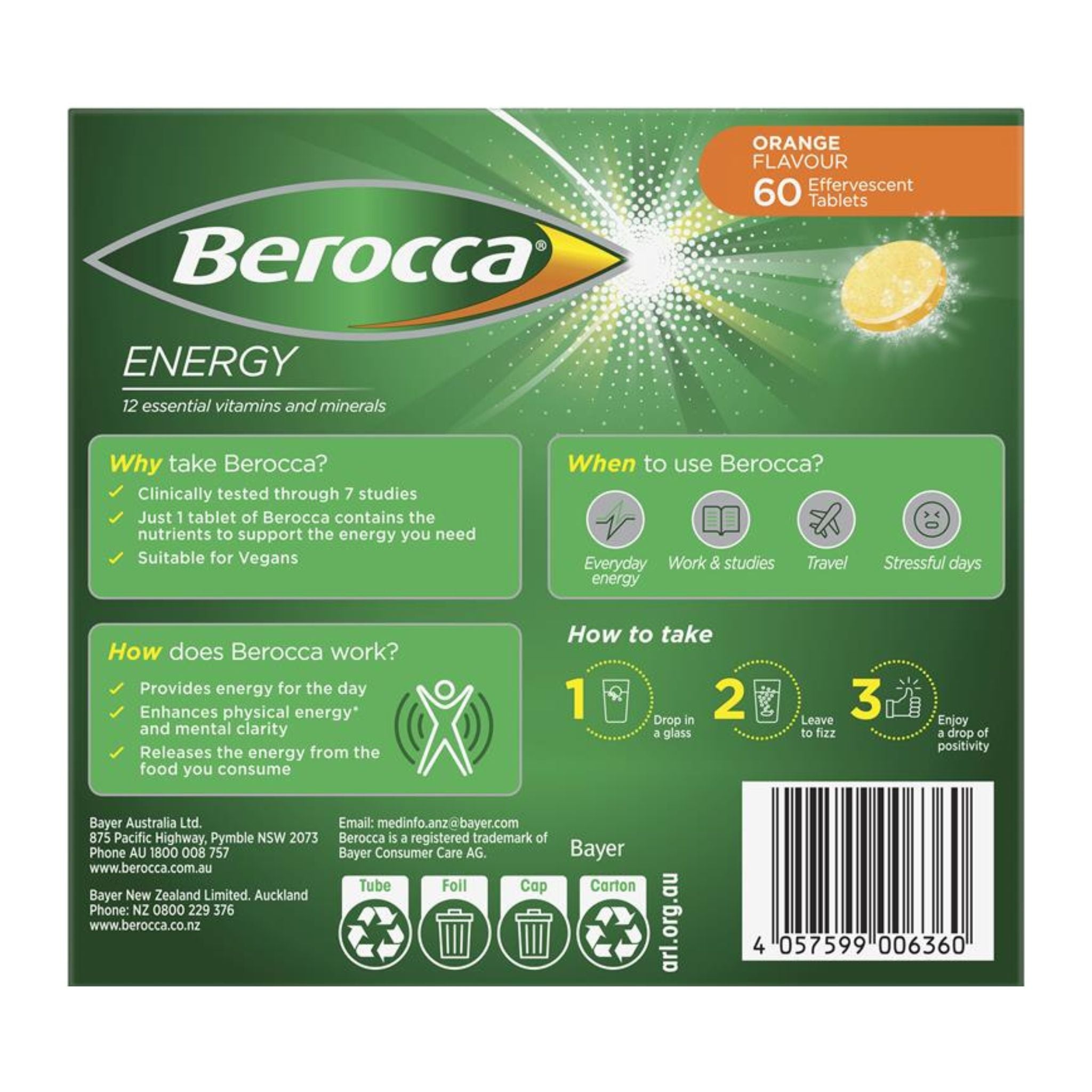 Berocca Energy Orange Flavour Effervescent Tablets 60 Pack Side View