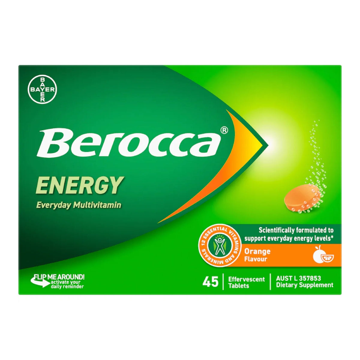 A box of Bayer Berocca Energy Everyday Multivitamin in orange flavor, featuring a green and orange design with a tablet illustration on a white background.