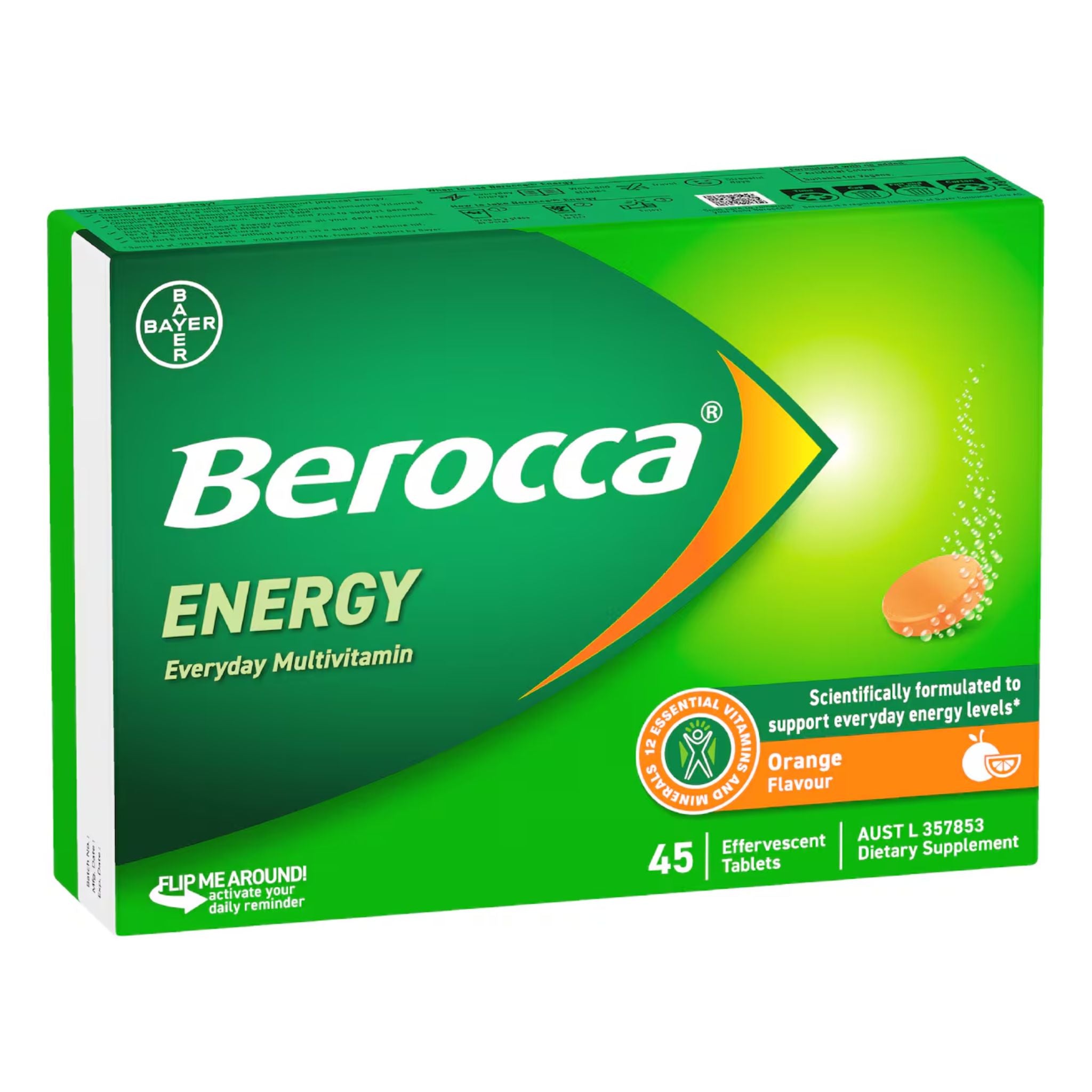 A box of Bayer Berocca Energy Everyday Multivitamin in orange flavor, featuring a green and orange design with 45 effervescent tablets.