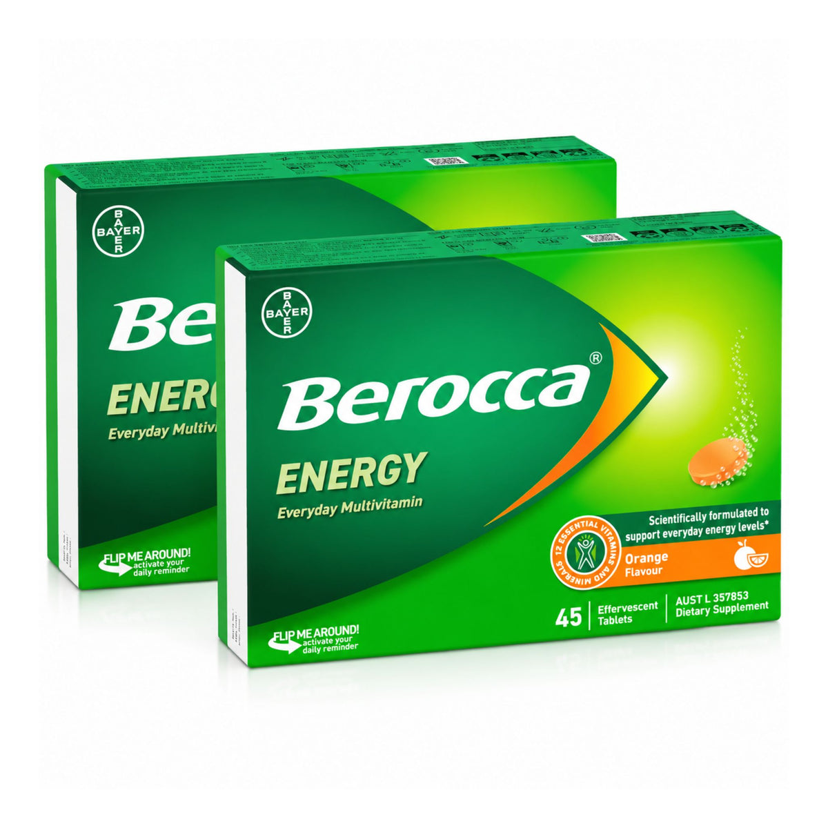 Two green boxes of Bayer Berocca Energy Everyday Multivitamin, with the front box showing orange flavor and 45 tablets, on a white background.