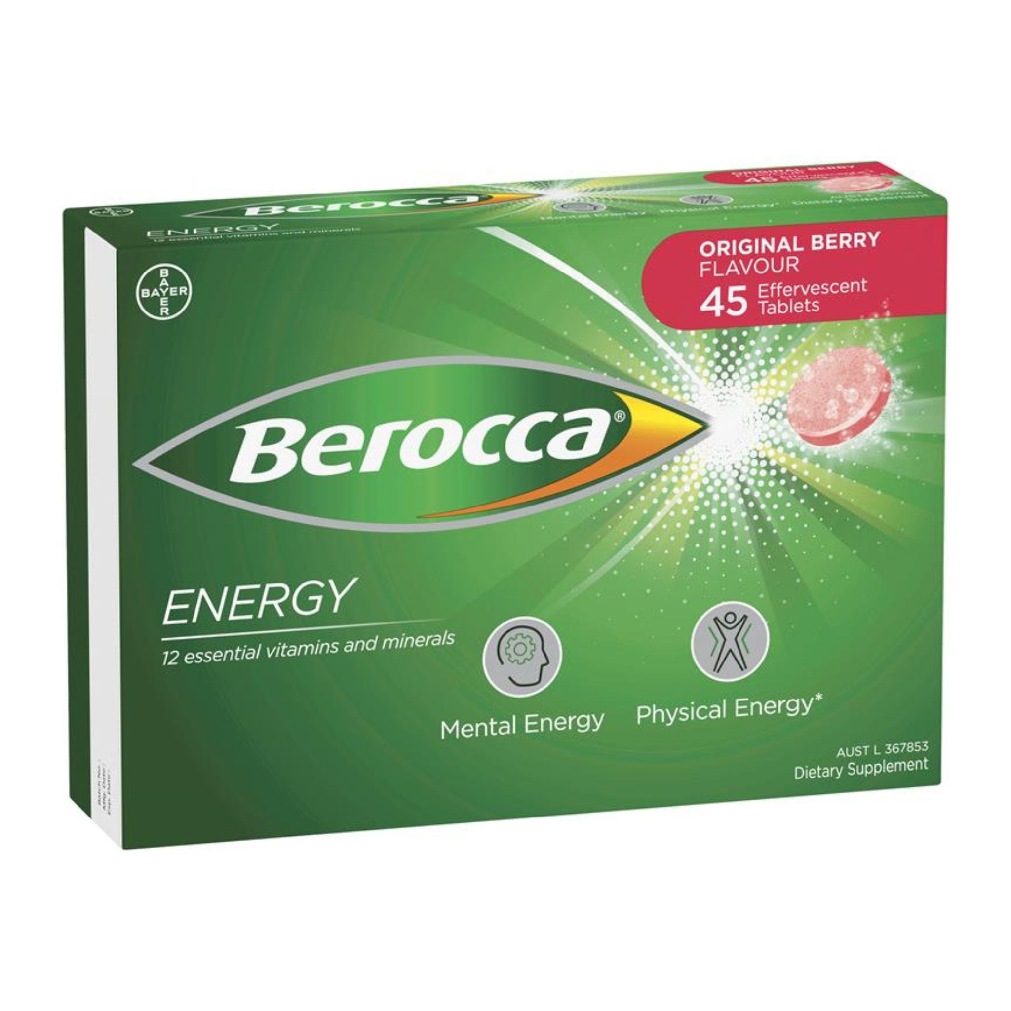 Angled view of Berocca Energy Original Berry Flavour Effervescent Tablets 45 Pack