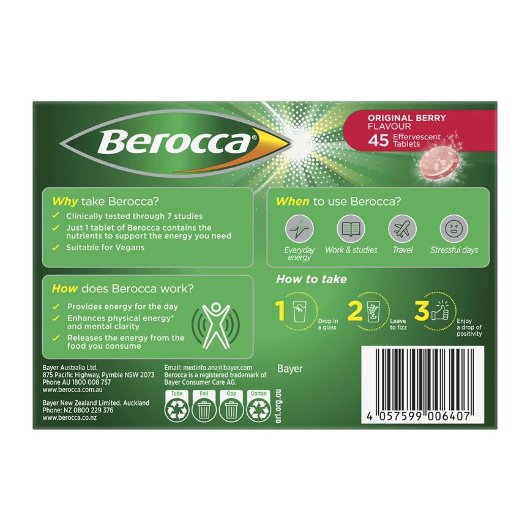 Back view displaying nutritional information of Berocca Energy Original Berry Flavour Effervescent Tablets 45 Pack