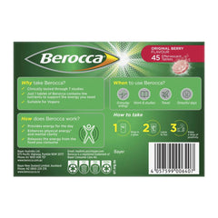 Back view displaying nutritional information of Berocca Energy Original Berry Flavour Effervescent Tablets 45 Pack